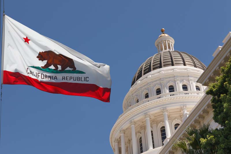 A photo of the California State Capitol building with the California flag flying beside it.