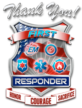 Logo from https://thankyoufirstresponder.org/ saying thank you to first responders with the words honor, courage, and sacrifice along the bottom.