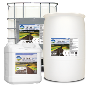 Photo of Victory Blue DEF jug, barrel, and tote containers available at Ramos Oil Company